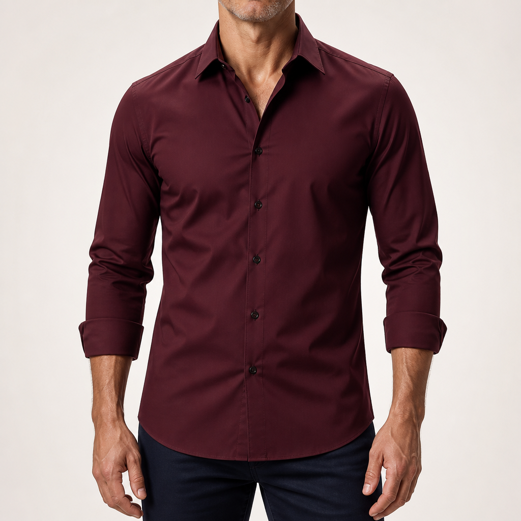 Ambrose | Mens Slim Fit Long Sleeve Formal Business Shirt Non Iron, Burgundy