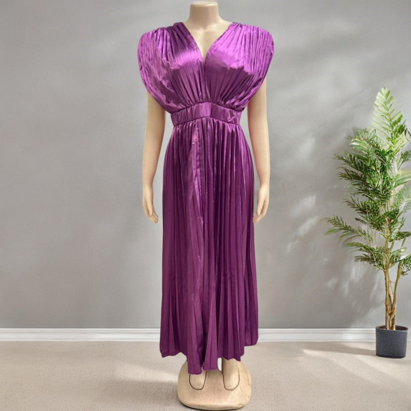 Anais | Womens V Neck Satin Pleated Midi Wedding Guest Elegant Dresses - 13