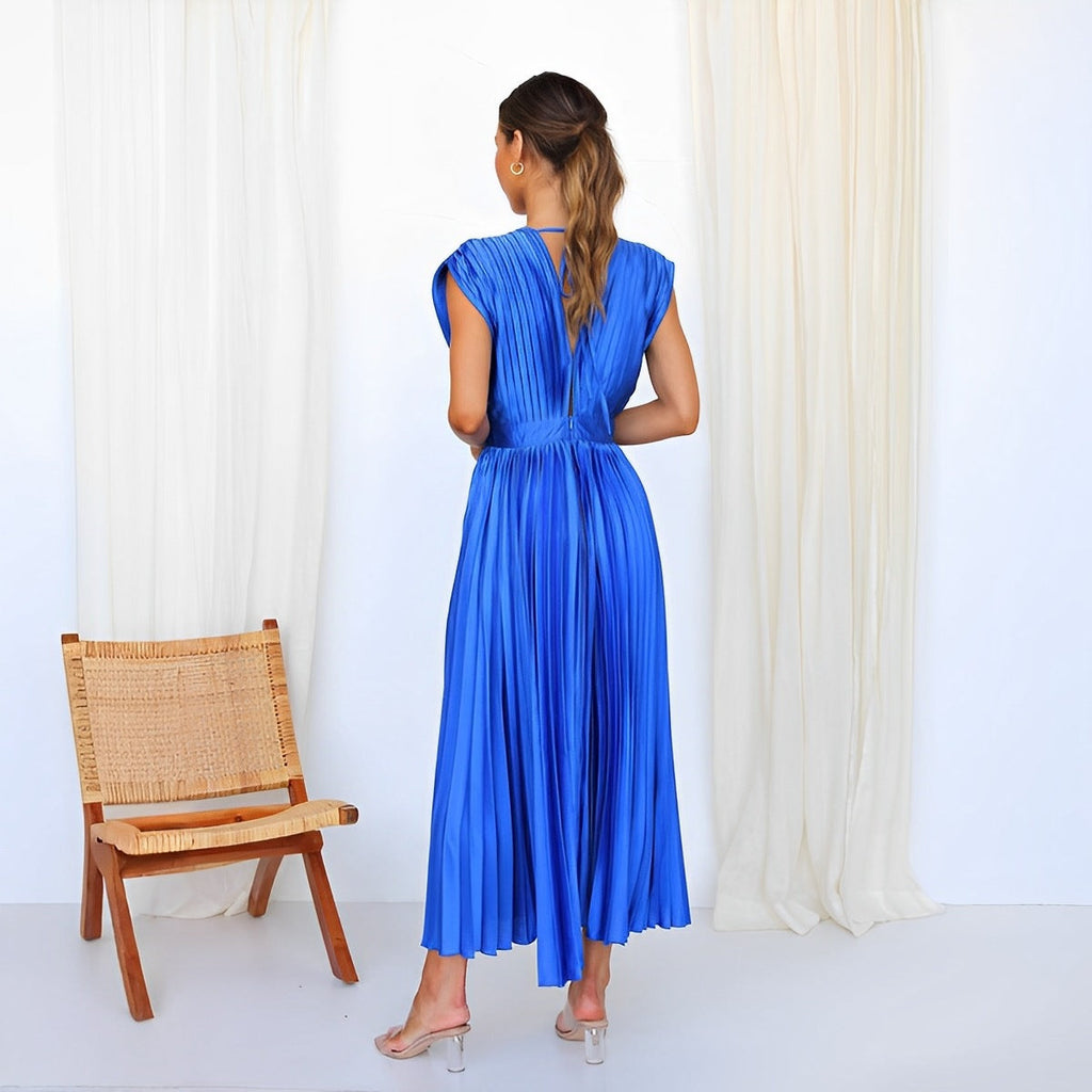 Anais | Womens V Neck Satin Pleated Midi Wedding Guest Elegant Dresses - 2