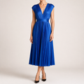 Anais | Womens Wedding Guest Satin V Neck Pleated Midi Dress, Blue