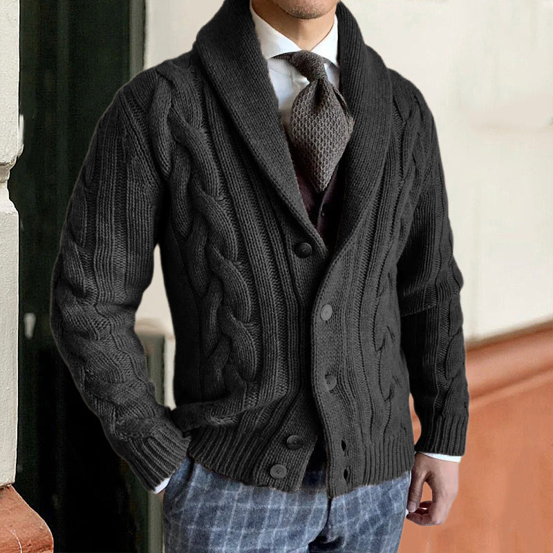 Angus | Mens Lapel Cable Knit Chunky Cardigan - Black