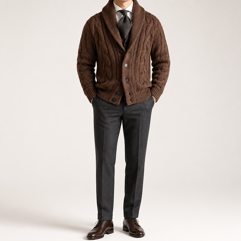 Angus | Mens Lapel Cable Knit Chunky Knitted Cardigan, Brown
