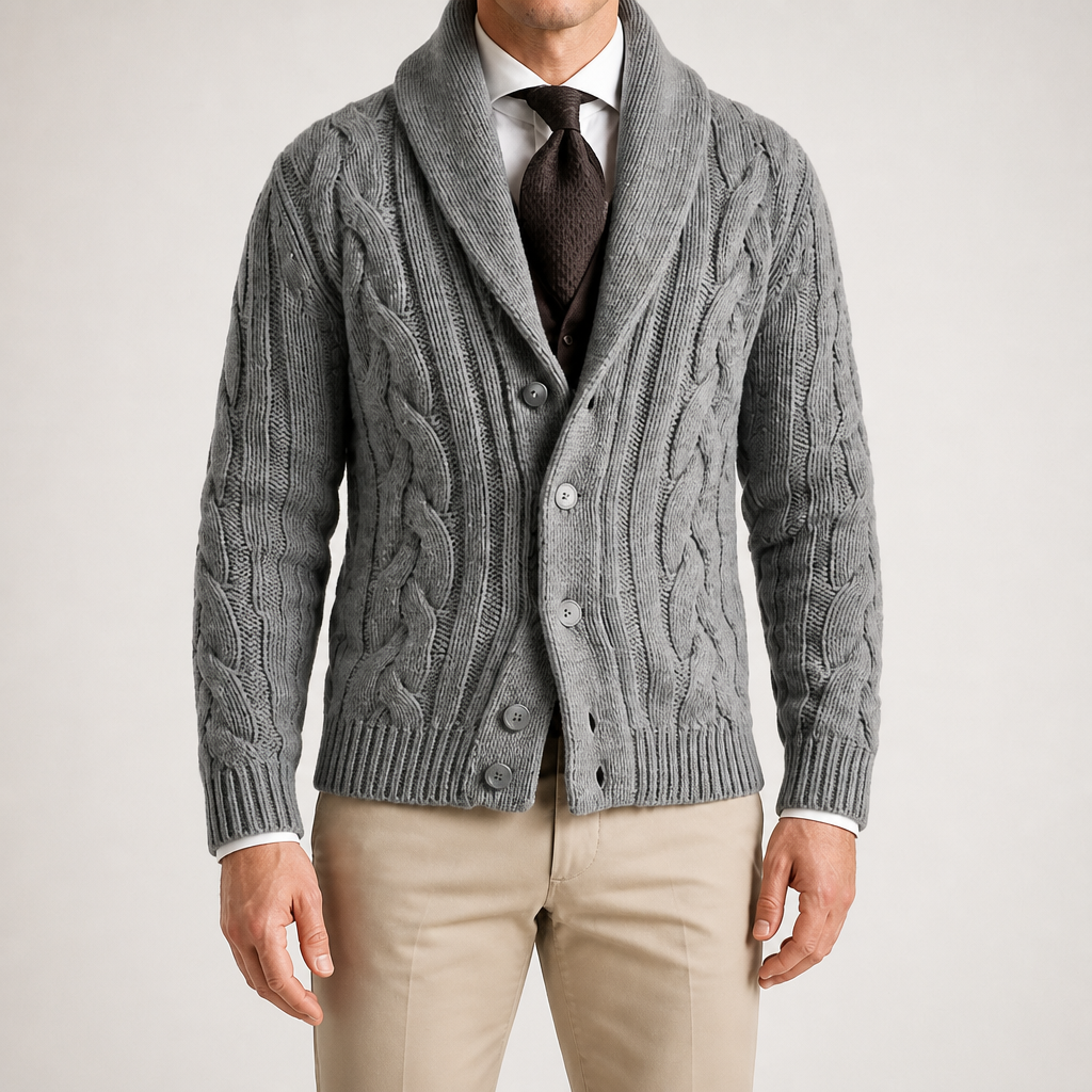 Angus | Mens Lapel Cable Knit Chunky Knitted Cardigan, Grey