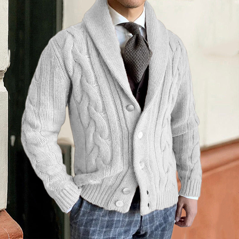 Angus | Mens Lapel Cable Knit Chunky Cardigan - White