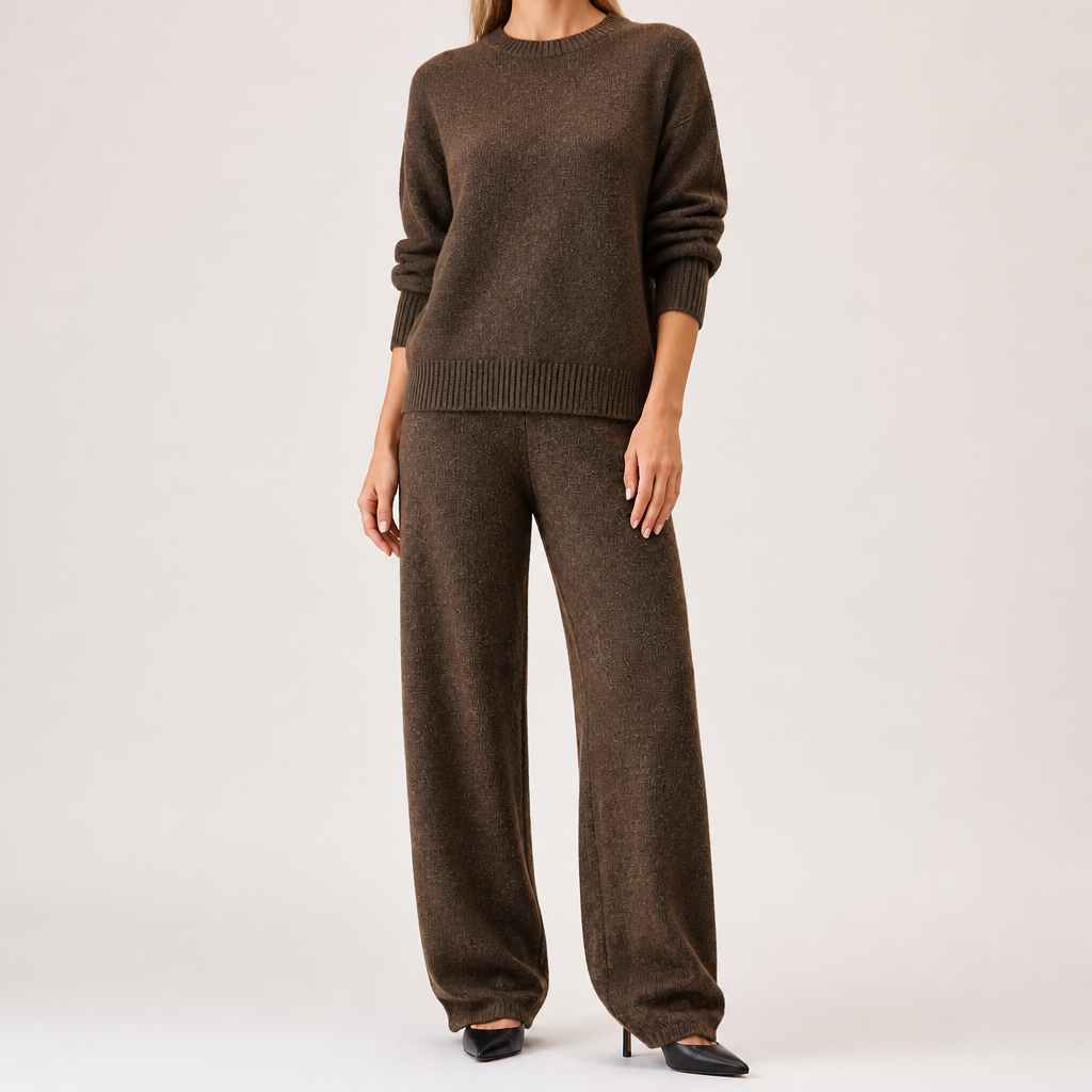 Anouk | Womens Knitted Jumper High Neck Trousers Two Piece Set, Brown
