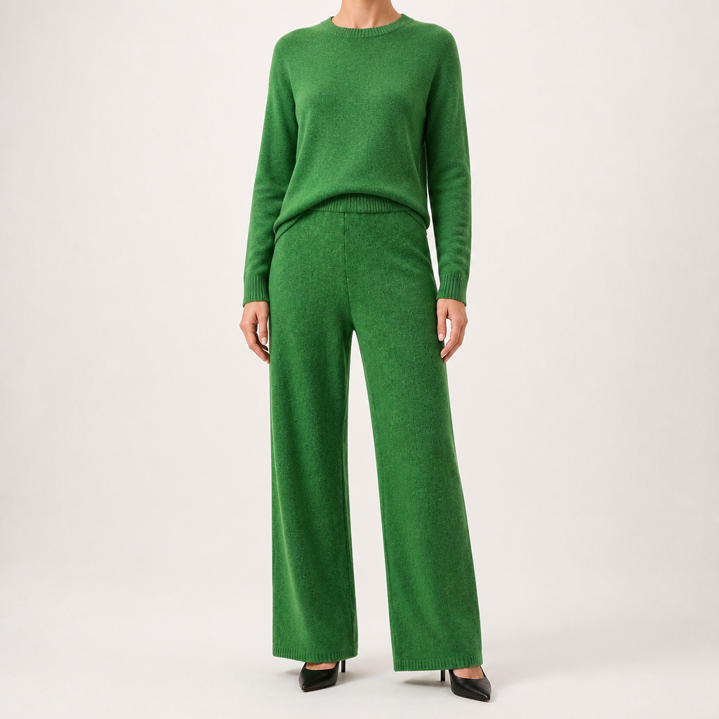 Anouk | Womens Knitted Jumper High Neck Trousers Two Piece Set, Green