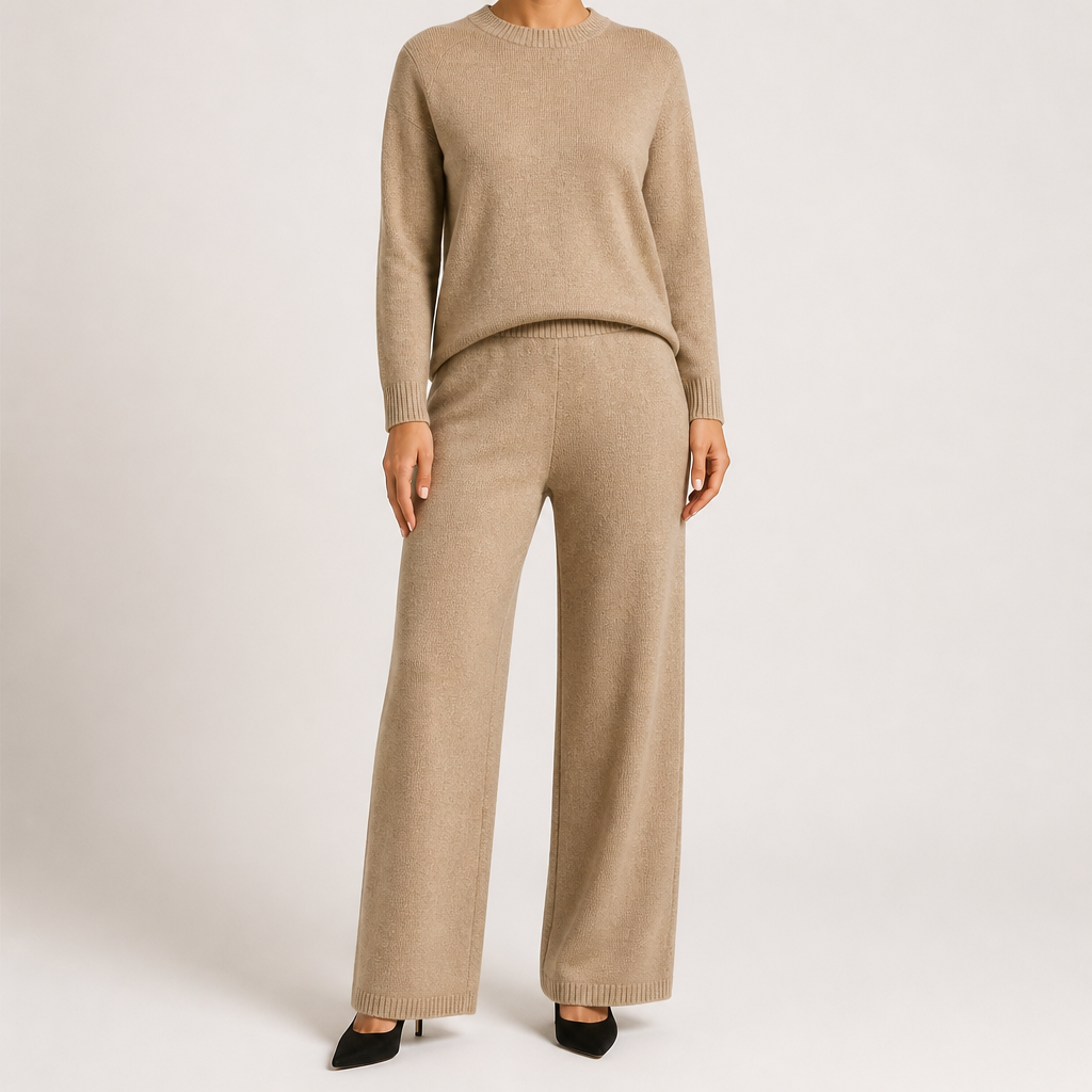 Anouk | Womens Knitted Jumper High Neck Trousers Two Piece Set, Khaki
