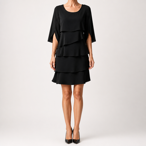 Antonia | Womens Wedding Guest Midi Dresses Round Neck Tiered Patchwork Dress, Black