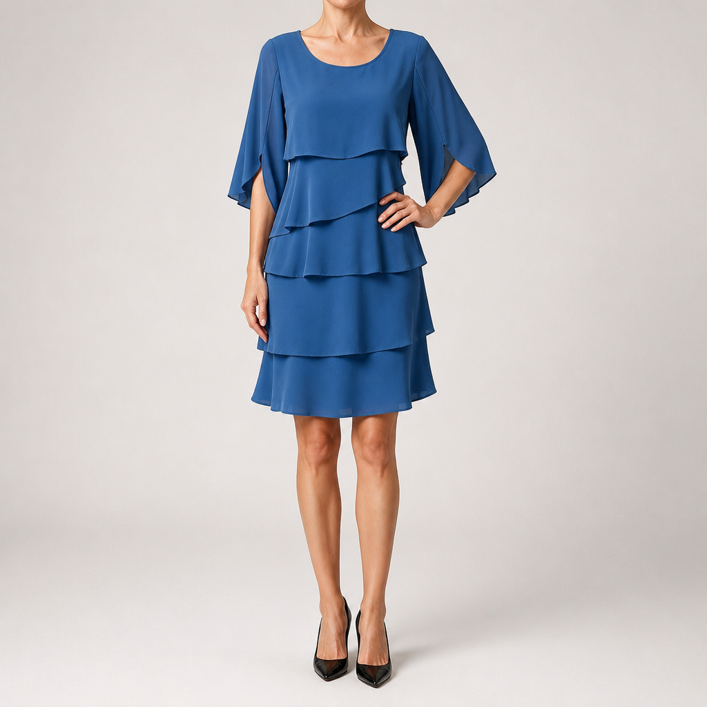 Antonia | Womens Wedding Guest Midi Dresses Round Neck Tiered Patchwork Dress, Blue