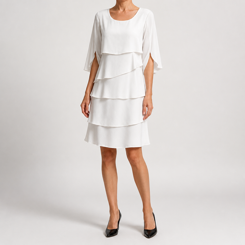 Antonia | Womens Wedding Guest Midi Dresses Round Neck Tiered Patchwork Dress, White