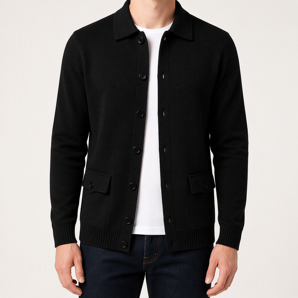 Auberon | Mens Cardigan Knit Business Casual Slim Fit Jumper Outerwear, Black