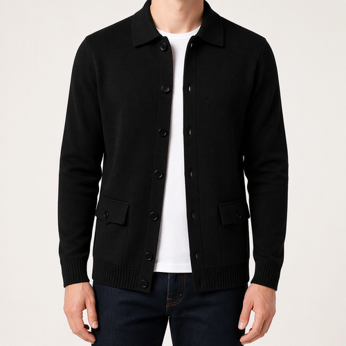 Auberon | Mens Cardigan Knit Business Casual Slim Fit Jumper Outerwear, Black