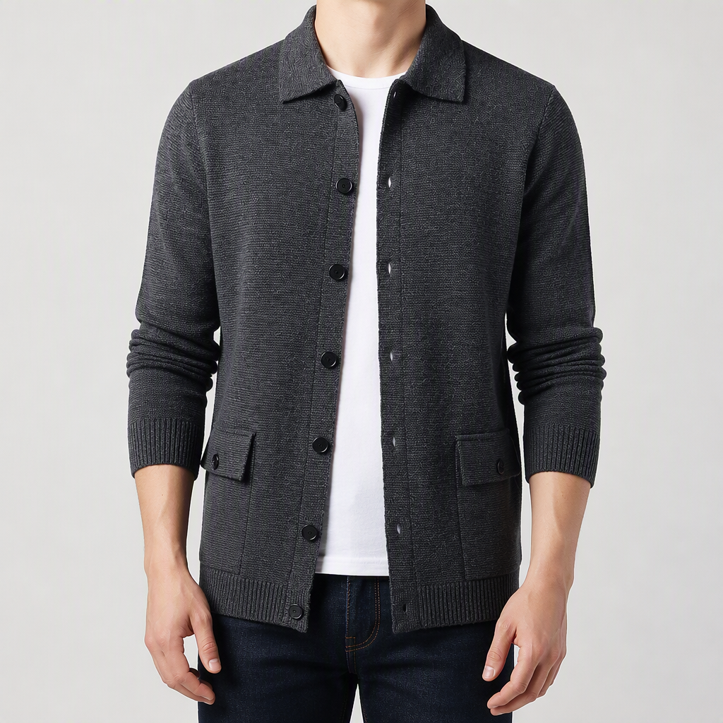Auberon | Mens Cardigan Knit Business Casual Slim Fit Jumper Outerwear, Grey