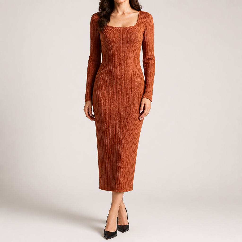 Aviana | Womens Jumper Dress Maternity Knit Long Sleeve Ribbed Dress, Caramel
