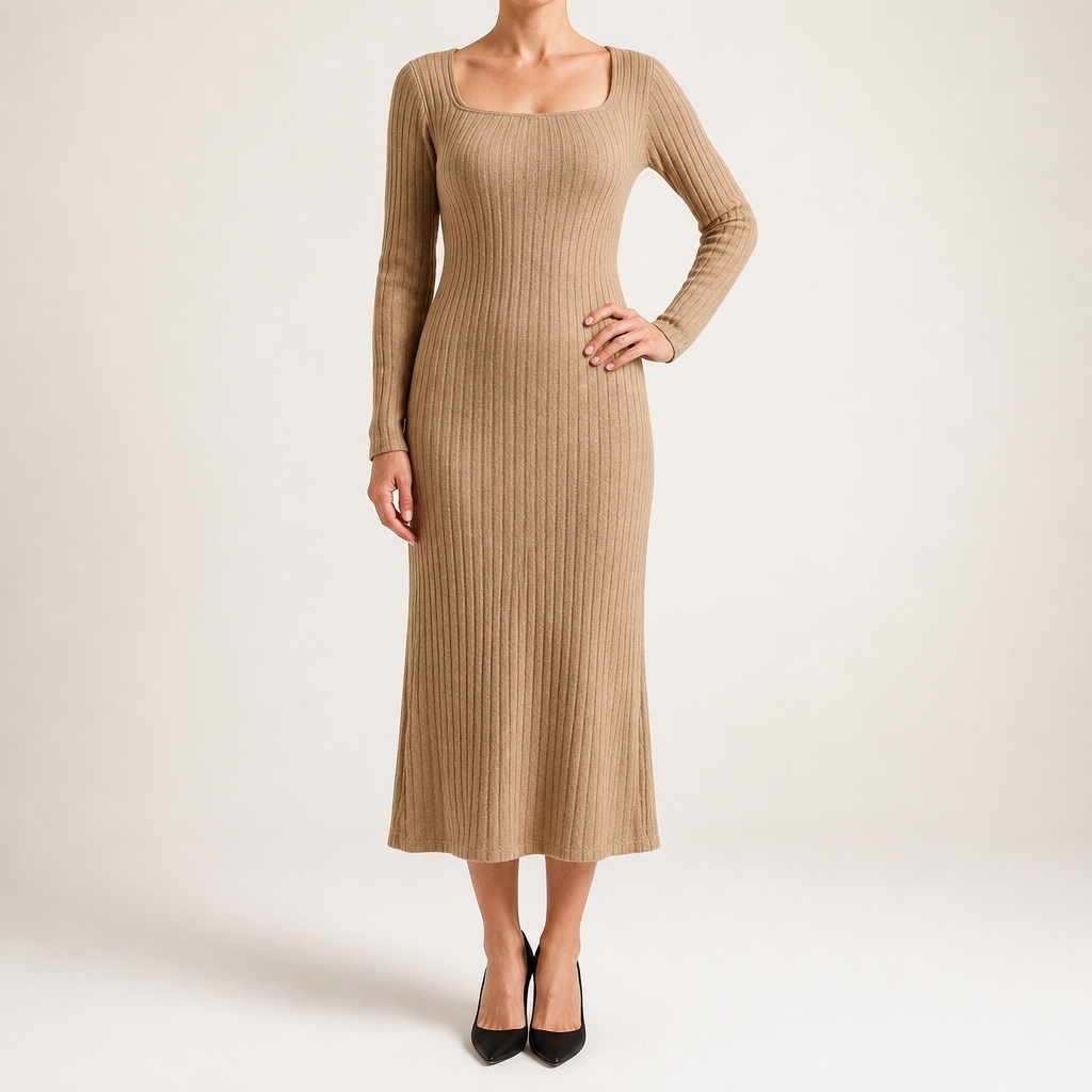 Aviana | Womens Jumper Dress Maternity Knit Long Sleeve Ribbed Dress, Khaki