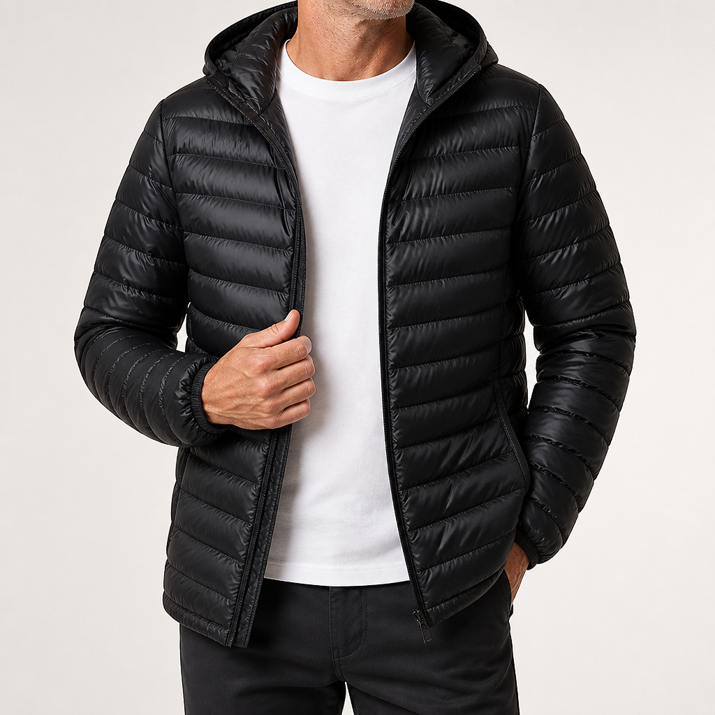 Barnaby | Mens Quilted Lightweight Puffer Winter Hooded Jacket, Black Hooded