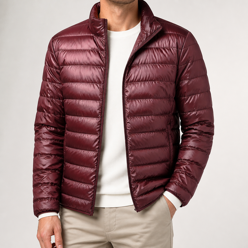 Barnaby | Mens Quilted Lightweight Puffer Winter Hooded Jacket, Wine Red