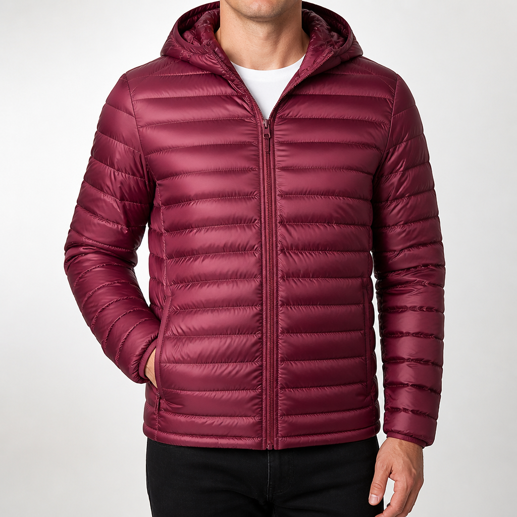 Barnaby | Mens Quilted Lightweight Puffer Winter Hooded Jacket, Wine Red Hooded
