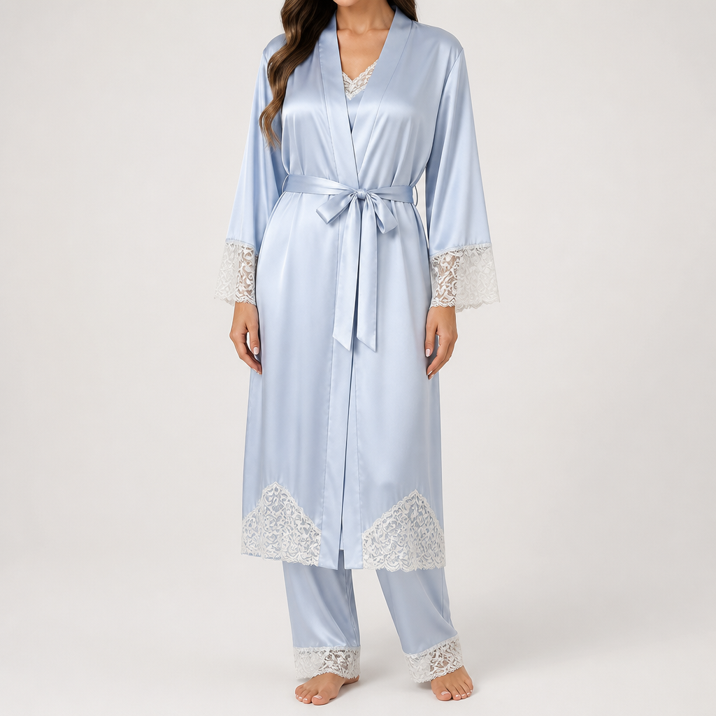 Barnaby | Womens Dressing Gown Satin Lace Robe Loungewear Nightwear, Sky Blue