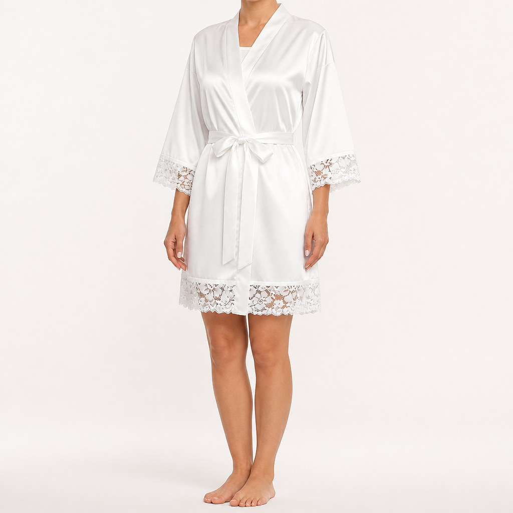 Barnaby | Womens Dressing Gown Satin Lace Robe Loungewear Nightwear, White