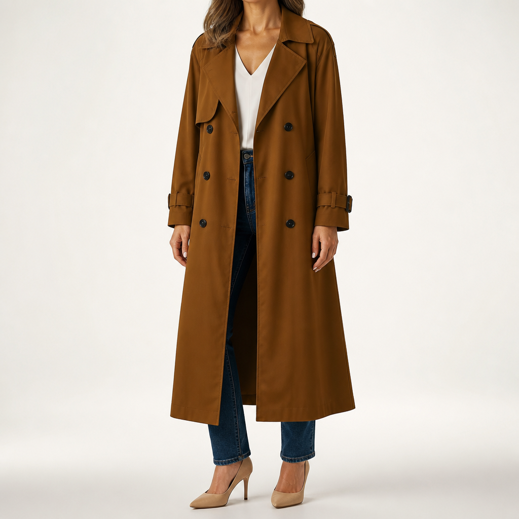 Beatrice | Womens Double Breasted Belted Black Longline Long Trench Coat, Brown