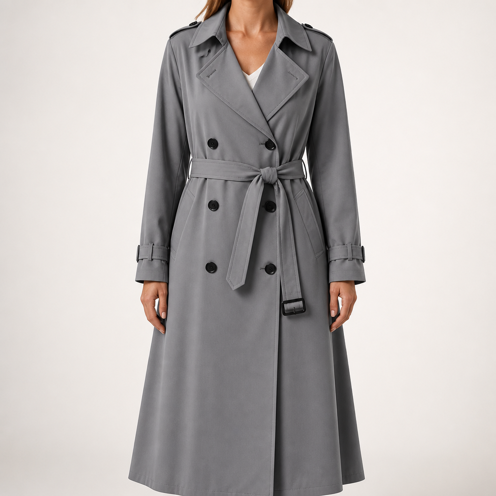 Beatrice | Womens Double Breasted Belted Black Longline Long Trench Coat, Grey