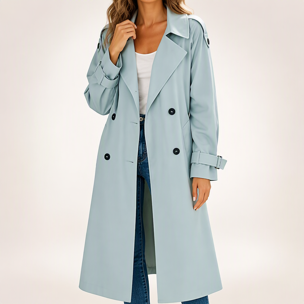 Beatrice | Womens Double Breasted Belted Black Longline Long Trench Coat, Light Green