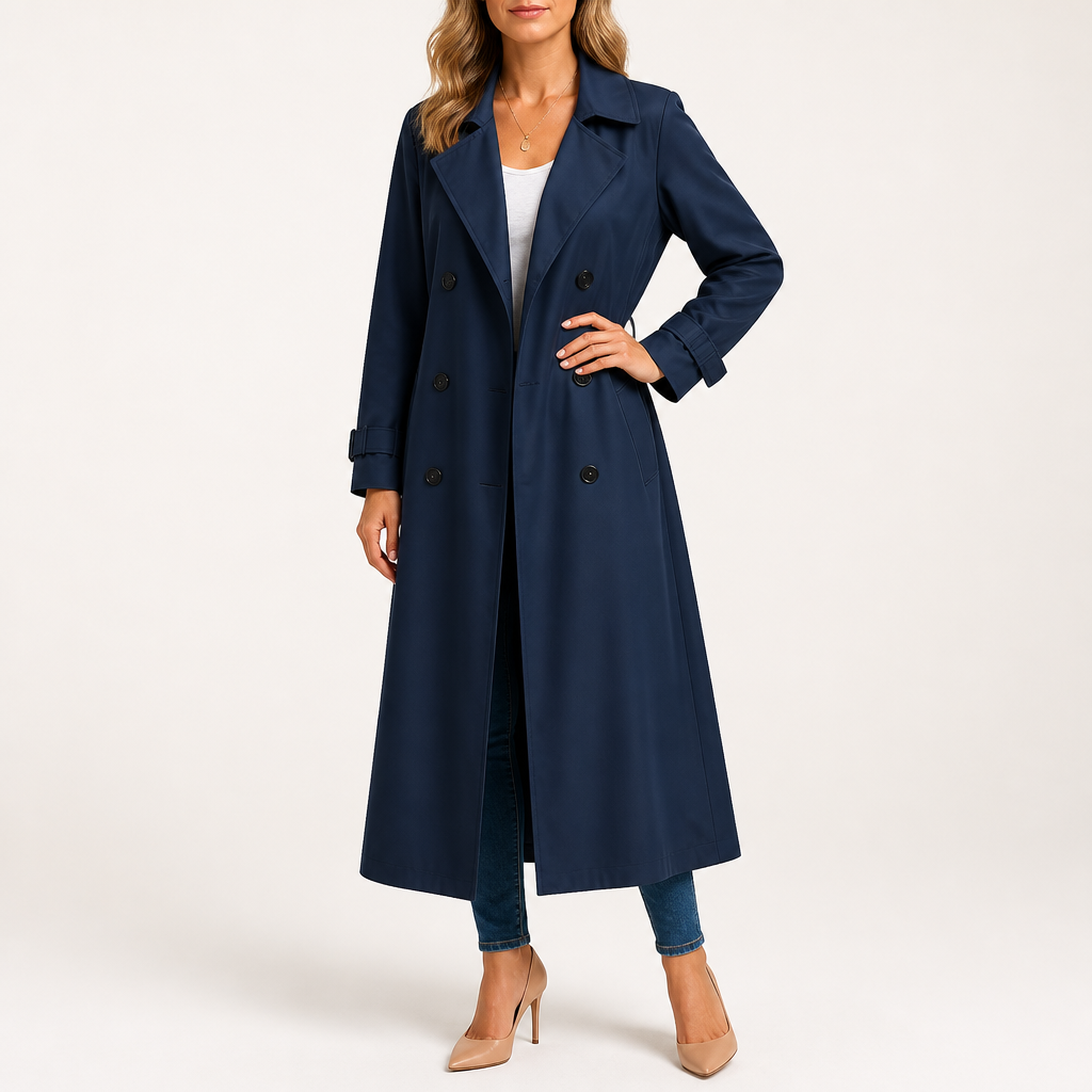 Beatrice | Womens Double Breasted Belted Black Longline Long Trench Coat, Navy Blue