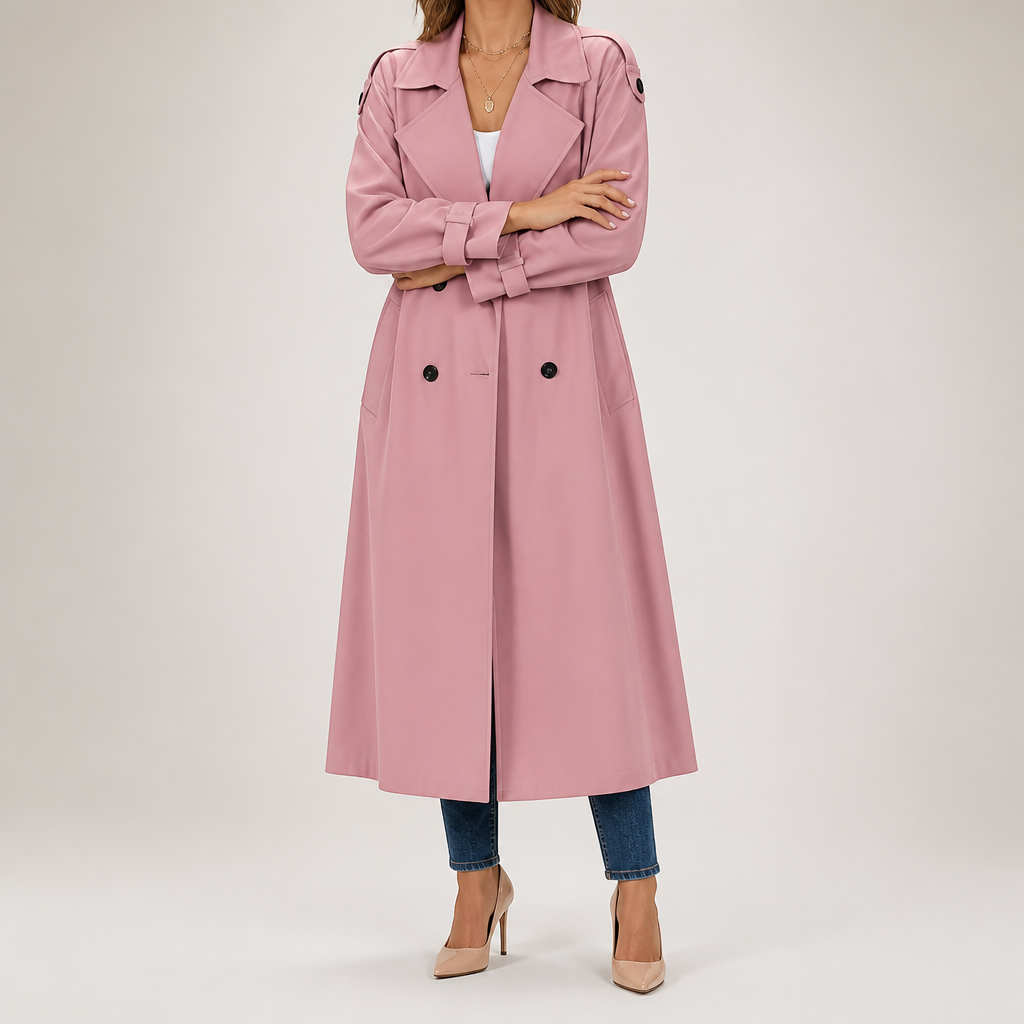 Beatrice | Womens Double Breasted Belted Black Longline Long Trench Coat, Pink