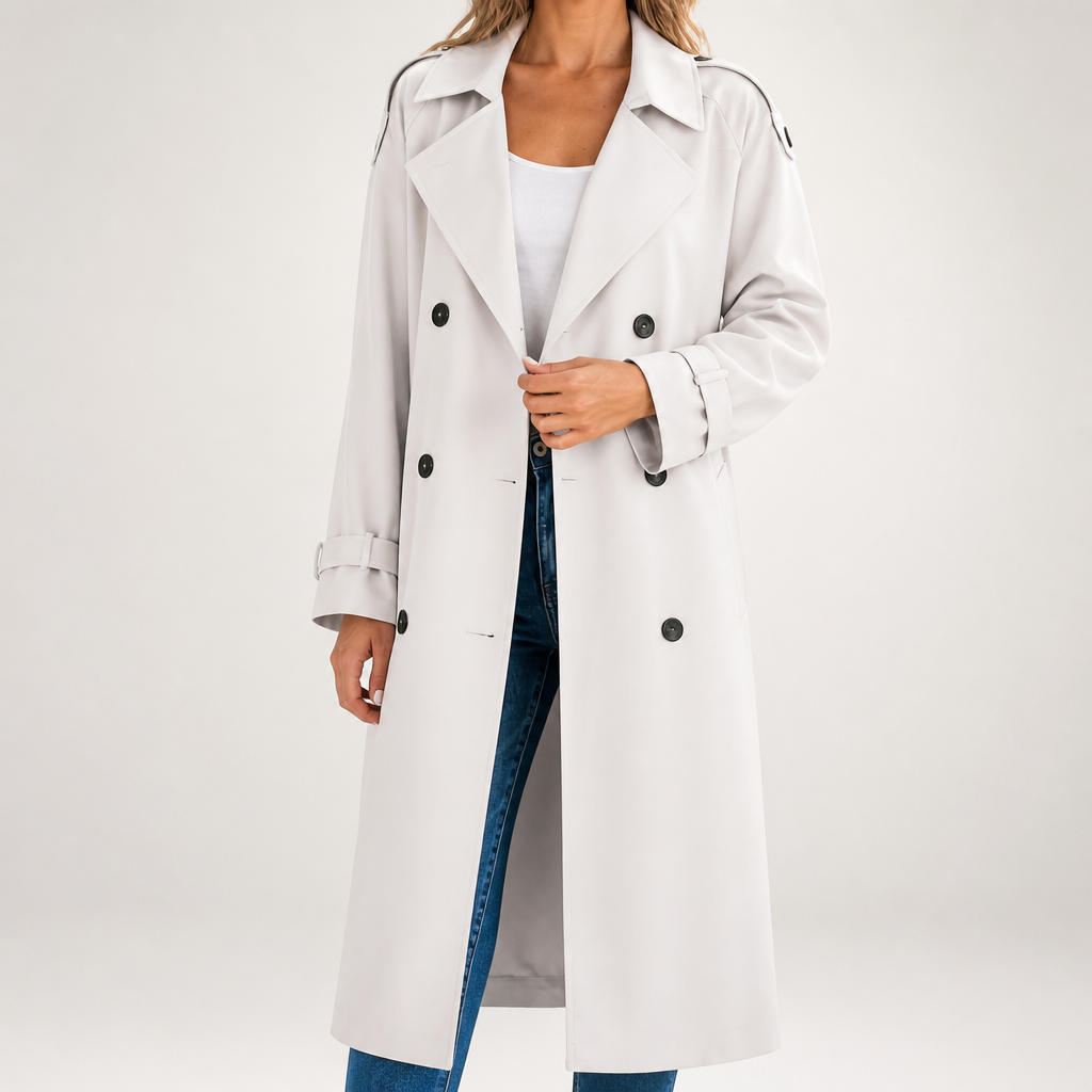 Beatrice | Womens Double Breasted Belted Black Longline Long Trench Coat, White