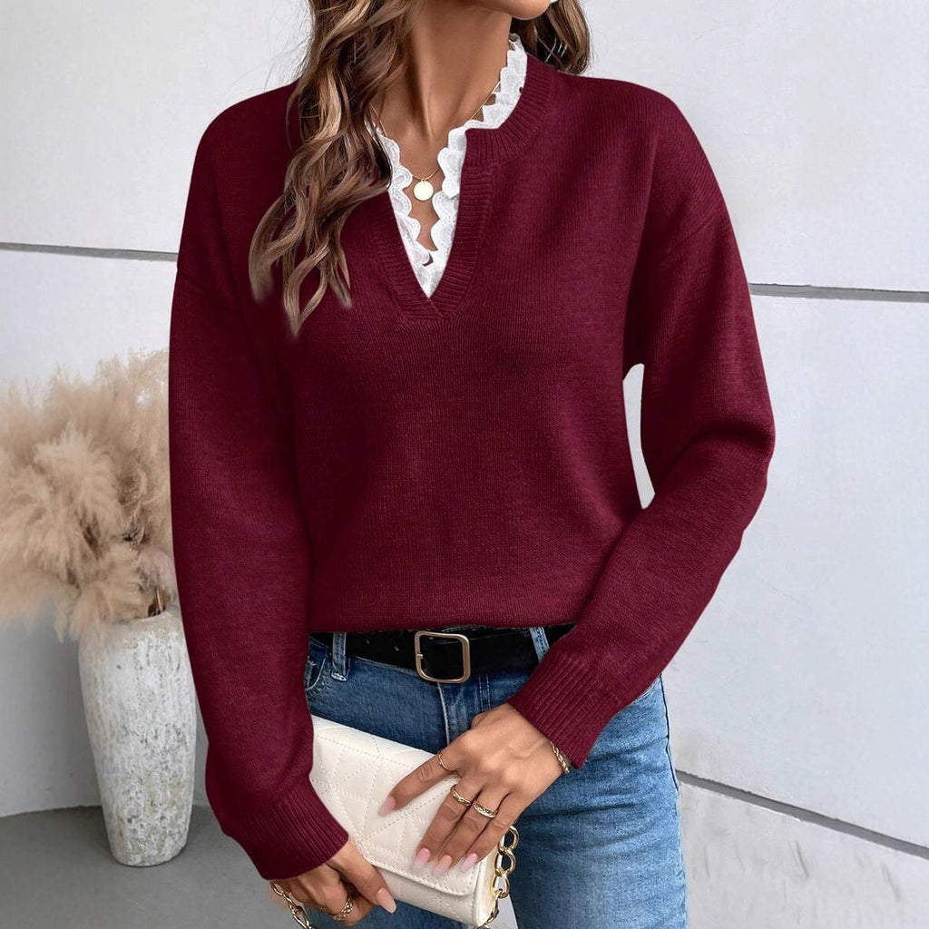 Beatrix | Womens Lace Trim V Neck Knitted Jumper Loose Long Sleeve - 1