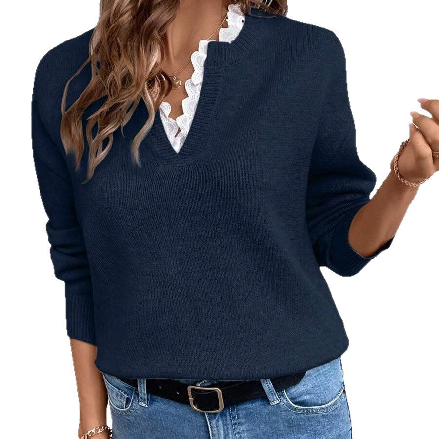 Beatrix | Womens Lace Trim V Neck Knitted Jumper Loose Long Sleeve - 5