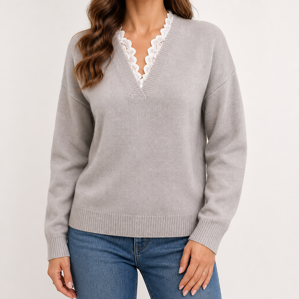 Beatrix | Womens Knitted Jumper V Neck Lace Trim Long Sleeve Sweater, Light Grey