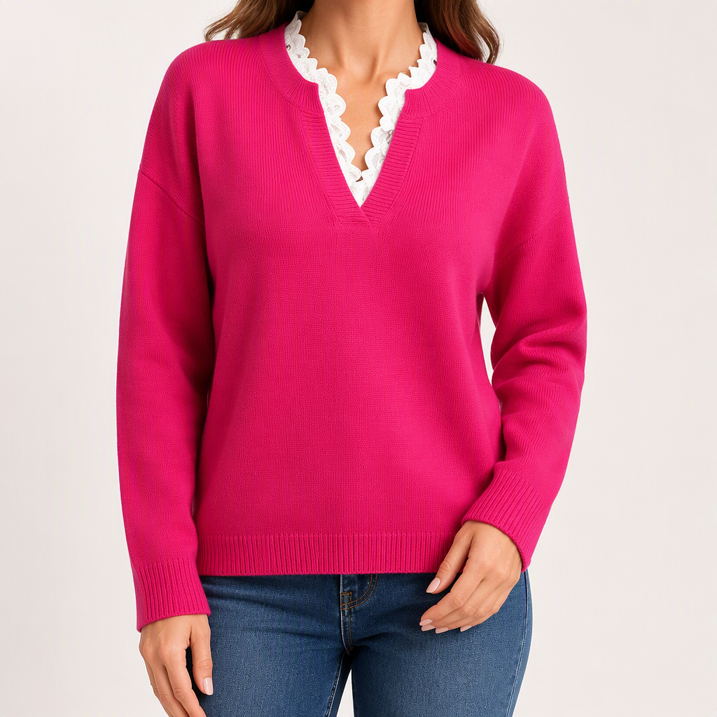 Beatrix | Womens Knitted Jumper V Neck Lace Trim Long Sleeve Sweater, Rose