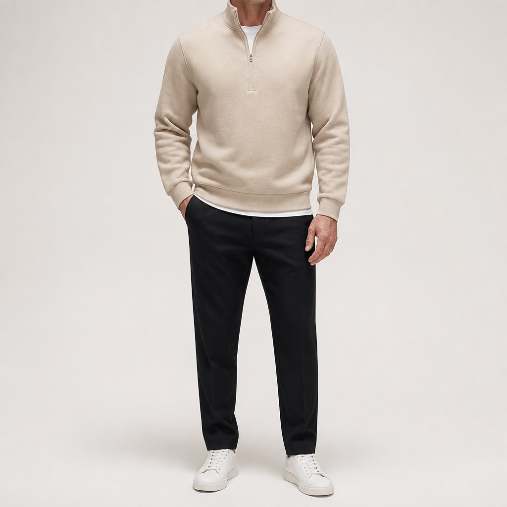 Beckett | Mens Quarter Zip Stand Collar Sweatshirt Pullover Knitted Jumper, Beige