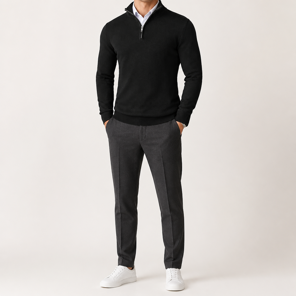 Beckett | Mens Quarter Zip Stand Collar Sweatshirt Pullover Knitted Jumper, Black