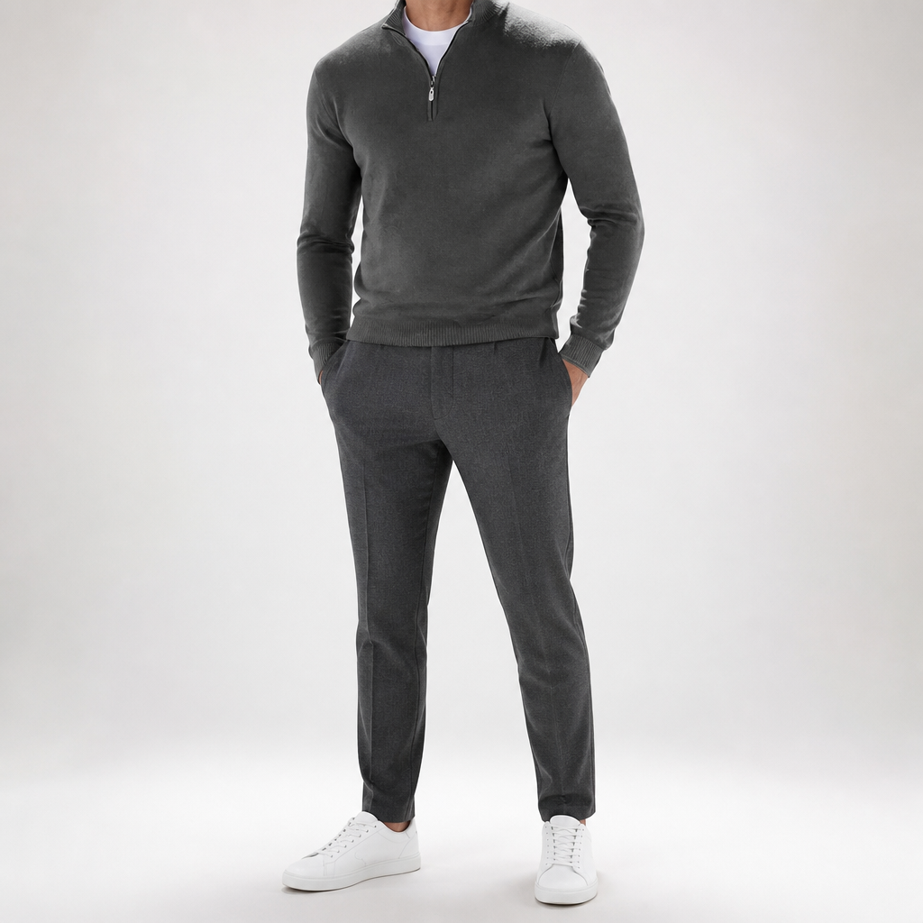 Beckett | Mens Quarter Zip Stand Collar Sweatshirt Pullover Knitted Jumper, Dark Grey