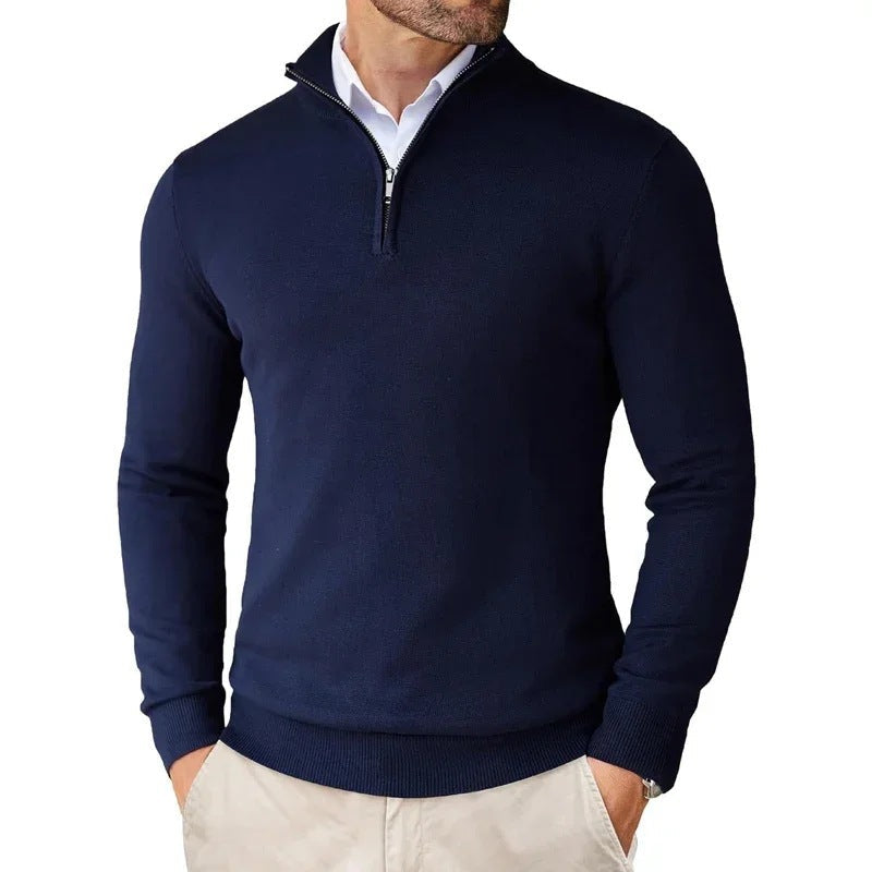 Beckett | Mens Quarter Zip Stand Collar Sweatshirt Pullover Knitted Jumper - Navy Blue