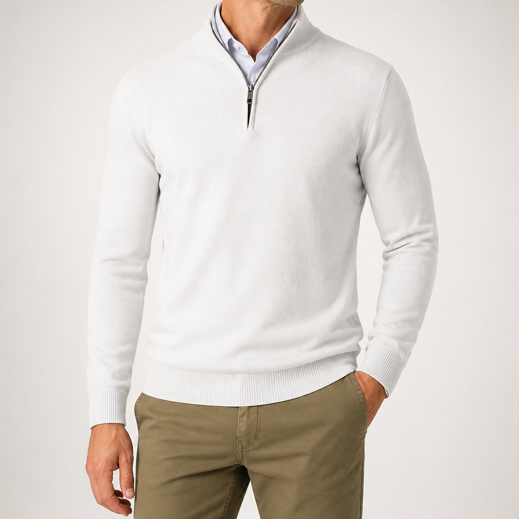 Beckett | Mens Quarter Zip Stand Collar Sweatshirt Pullover Knitted Jumper, White