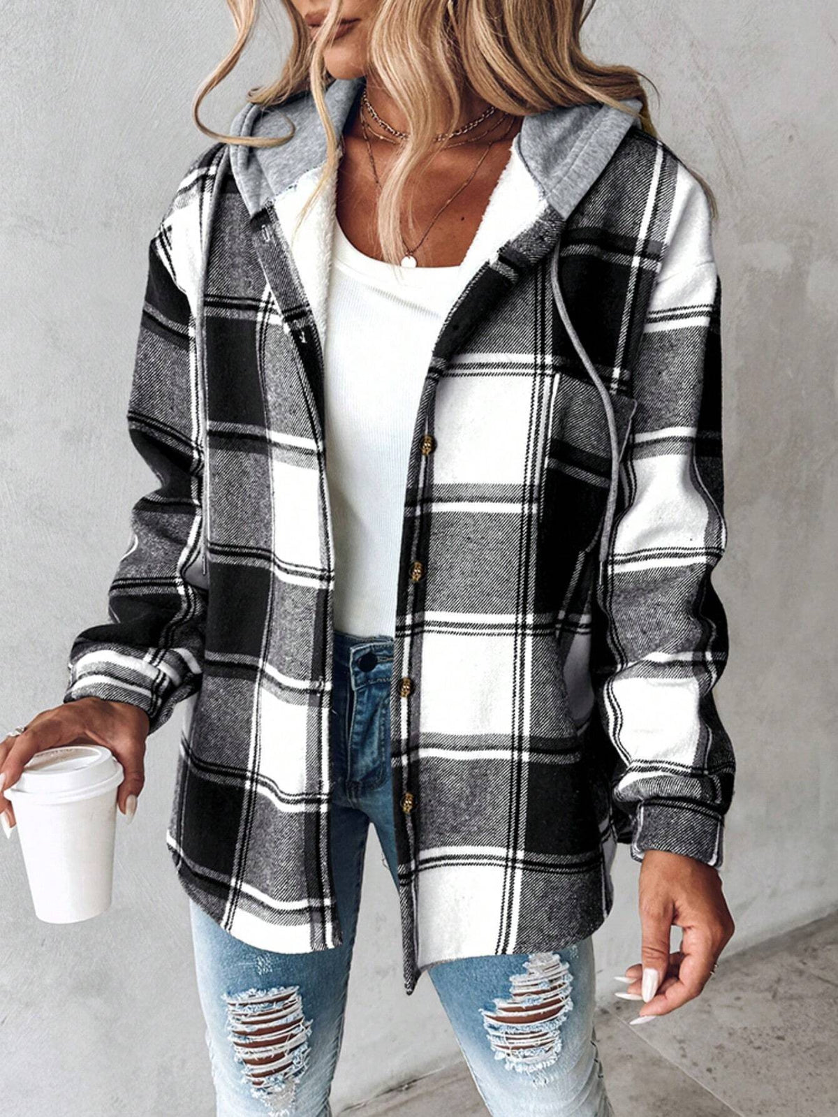 Bess | Womens Plaid Hooded Button Jacket - Black