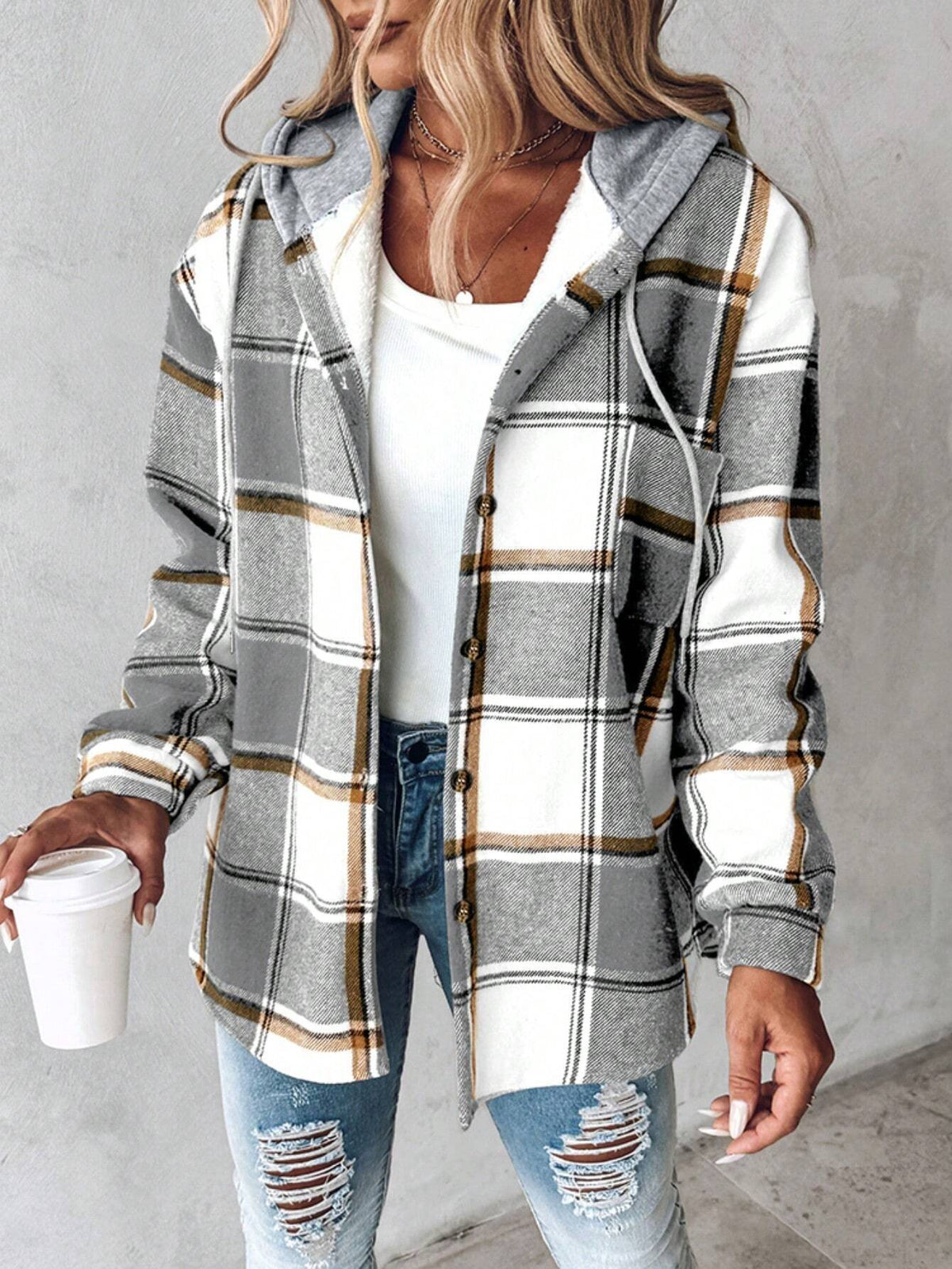 Bess | Womens Plaid Hooded Button Jacket - Grey