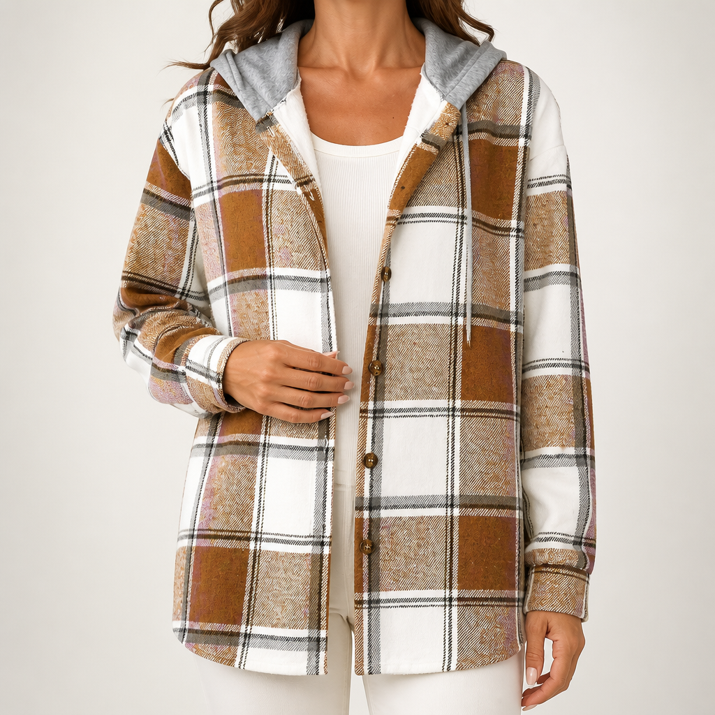 Bess | Womens Plaid Check Hooded Button Up Casual Jacket, Khaki