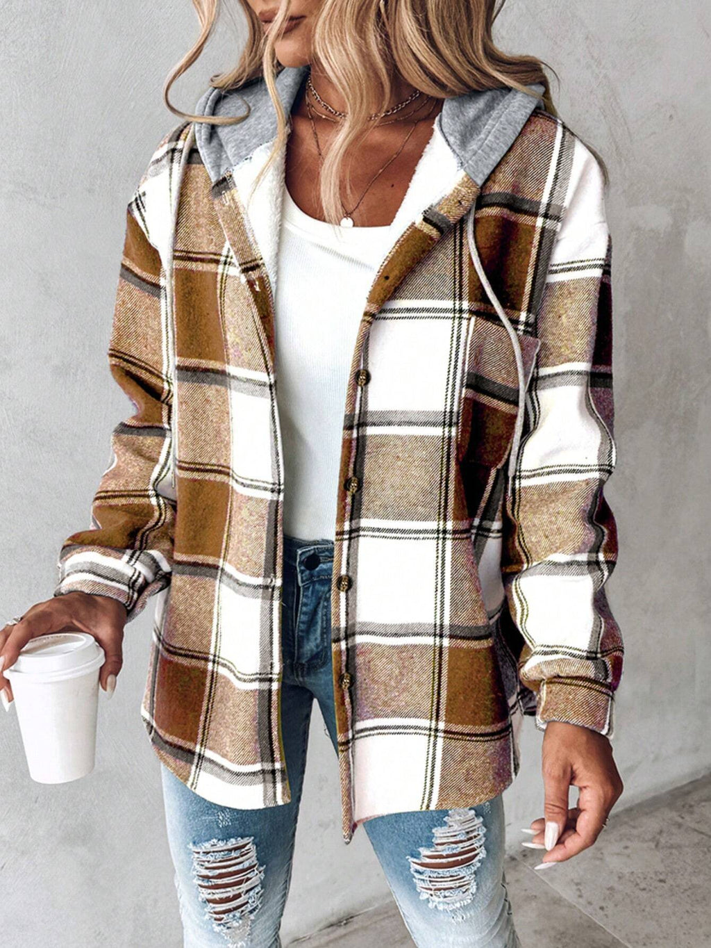 Bess | Womens Plaid Hooded Button Jacket - Khaki