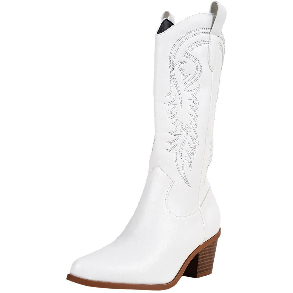Bexley | Womens Western Knight Heeled Long White Boots - 5