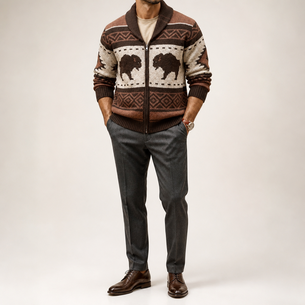 Bodhi | Mens Jacquard Knitted Jumper Button Up Cardigan, Brown