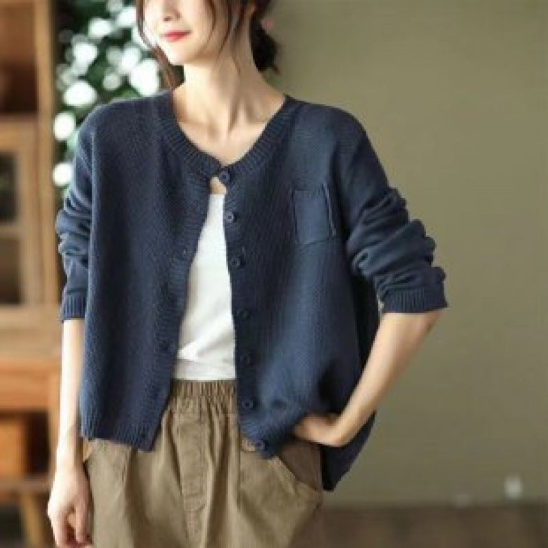 Bonnie | Womens Round Neck Knit Sweater Cardigan, Blue