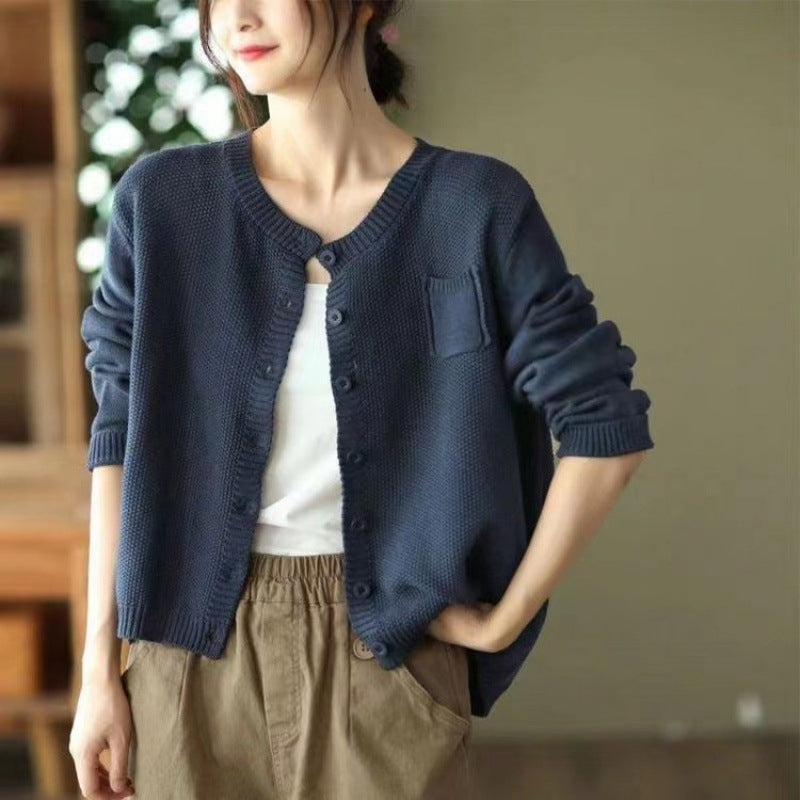 Bonnie | Womens Round Neck Knit Sweater Cardigan, Blue