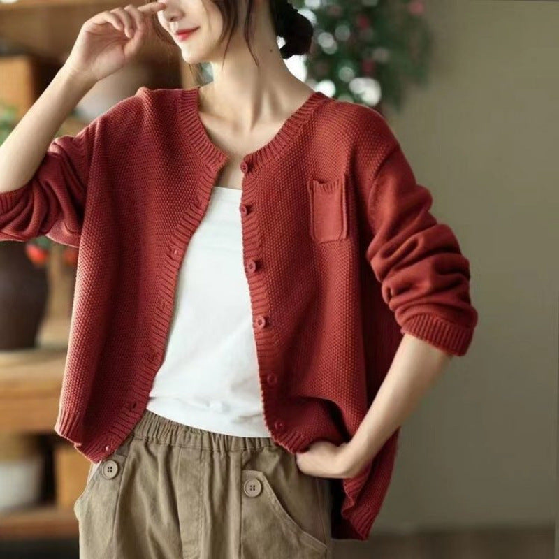 Bonnie | Womens Round Neck Knit Sweater Cardigan, Brick Red