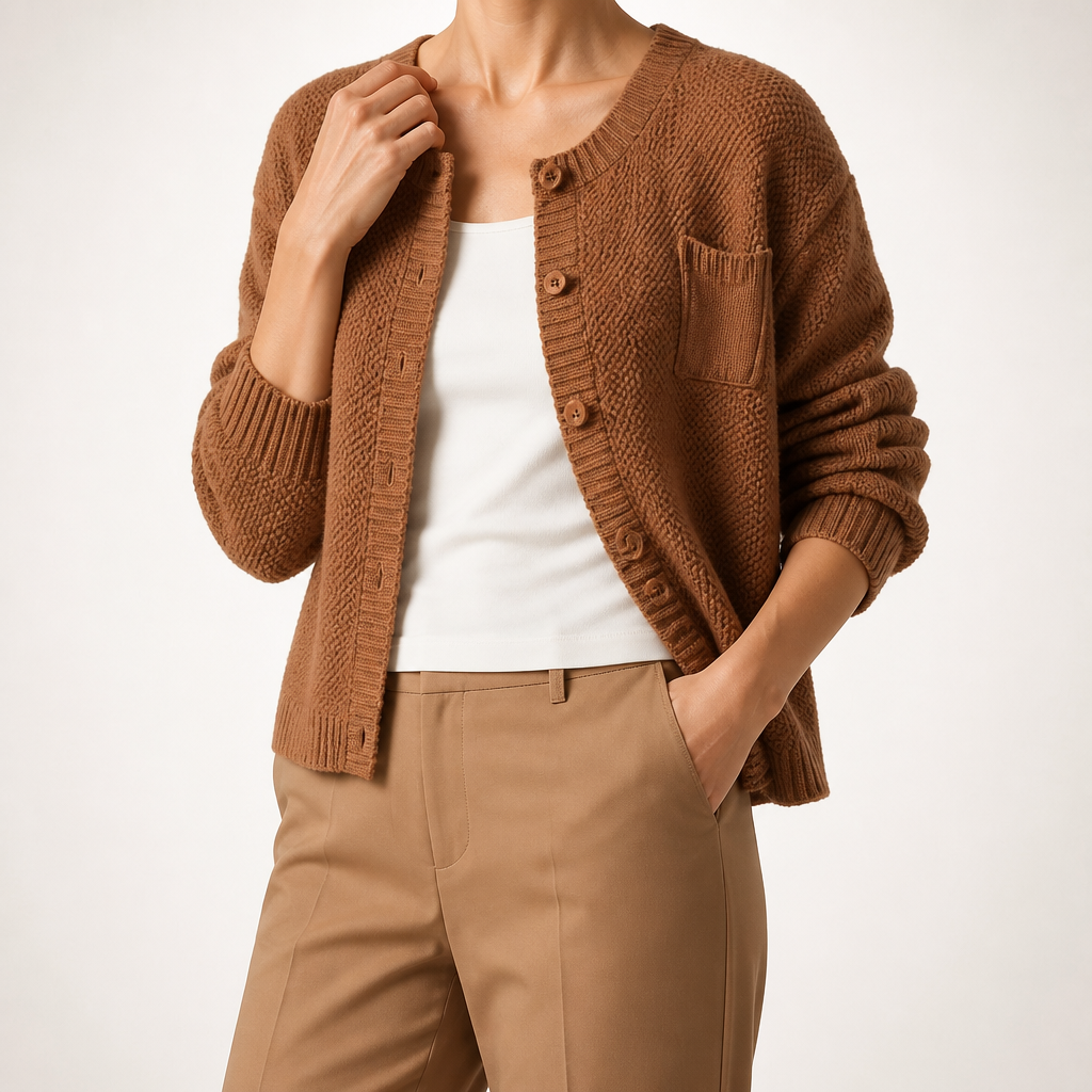 Bonnie | Womens Round Neck Knitted Jumper Cardigan, Caramel