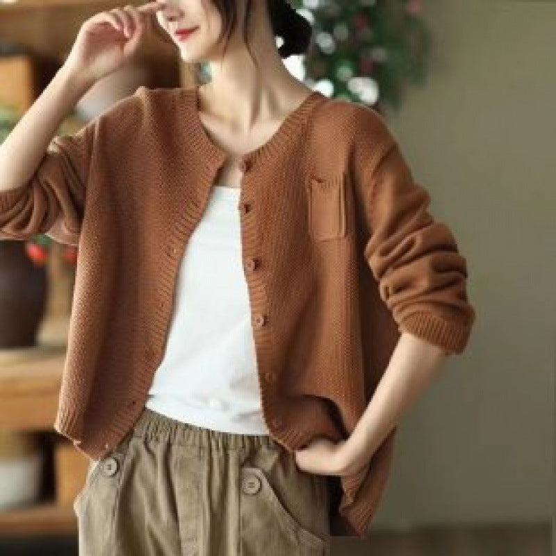 Bonnie | Womens Round Neck Knit Sweater Cardigan, Caramel